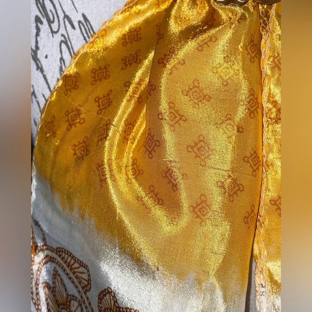 Vintage Yellow Patterned Silk Scarf Organic Scroll